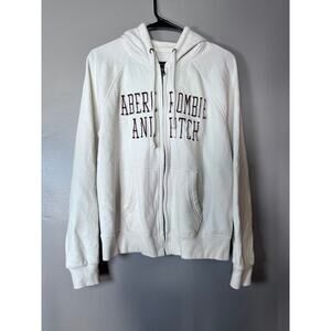 ✨ABERCROMBIE & FITCH Hoodie Women Small White Zip Up Sweatshirt Logo Embroidered